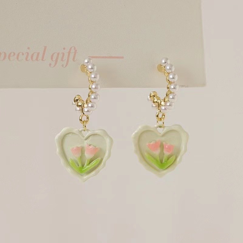Drop Earrings Classification 1 Pair Quantity 1 Pair Sweet Heart Shape Flower Enamel Inlay Alloy Artificial Pearls Drop Earrings