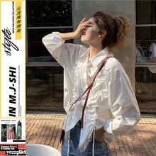 M.J-SHI春秋韩版新款设计感小众宽松中长款抽绳盐系长袖衬衫上衣