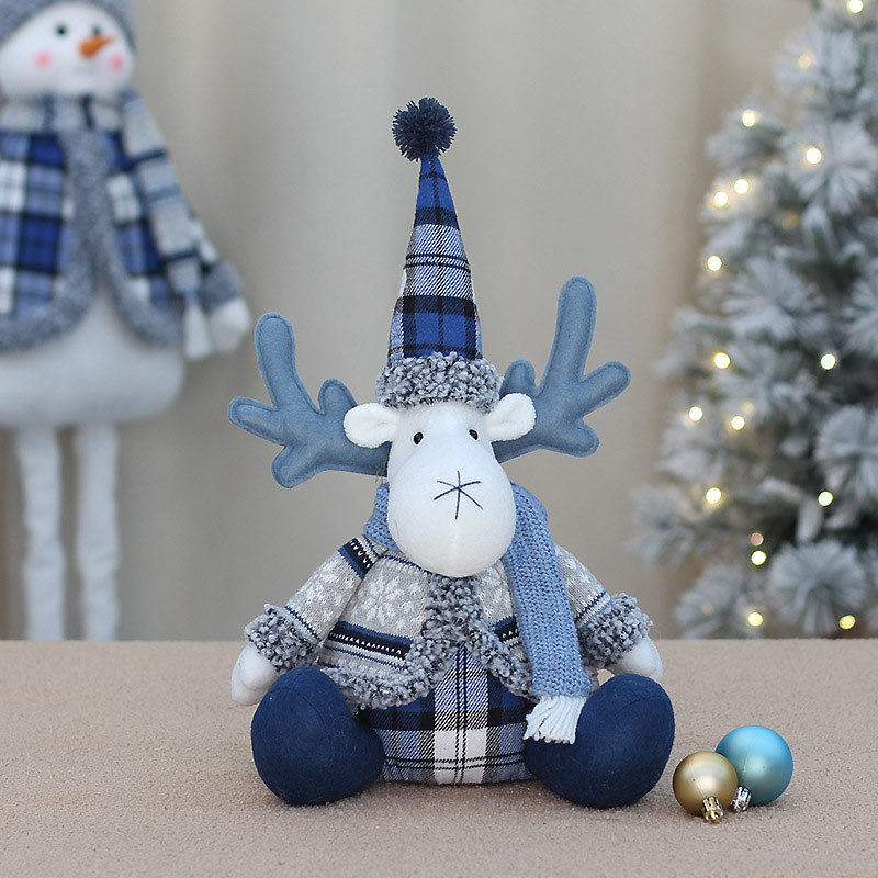 Blue Fabric Christmas Reindeer Plush Toy – Standing & Sitting Santa Hat Deer Doll For Window Display & Festive Decor_voghion.com