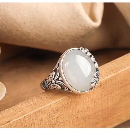 Vintage Silver Butterfly Flower Ring For Women Adjustable Jade_voghion.com