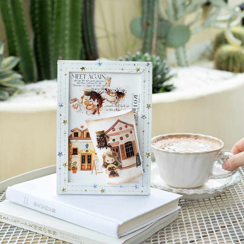 Hermoso día troquelado pegatinas de PET, café, pequeña fiesta, tema de café, libro de mano, material de paisaje, pegatinas