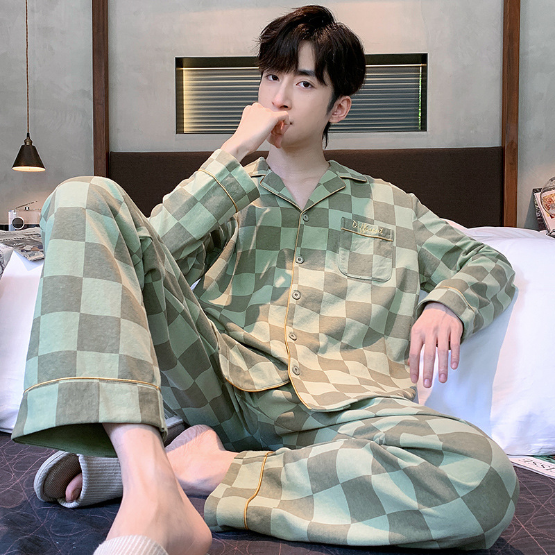 Pijamas de los hombres de primavera y otoño de manga larga casual de los hombres más el tamaño de la juventud suelta temperamento de mediana edad conjunto completo traje de moda para el hogar