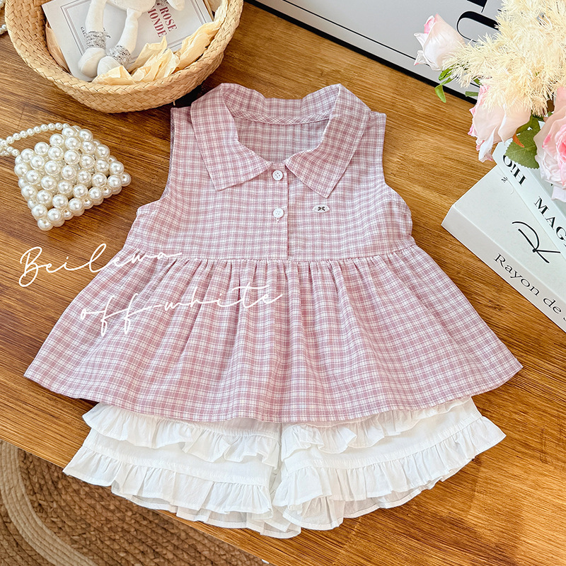 Girls' Summer New Korean-Style Pink Plaid Shorts Set, Fashionable and Trendy Children's Clothing for Baby Girls