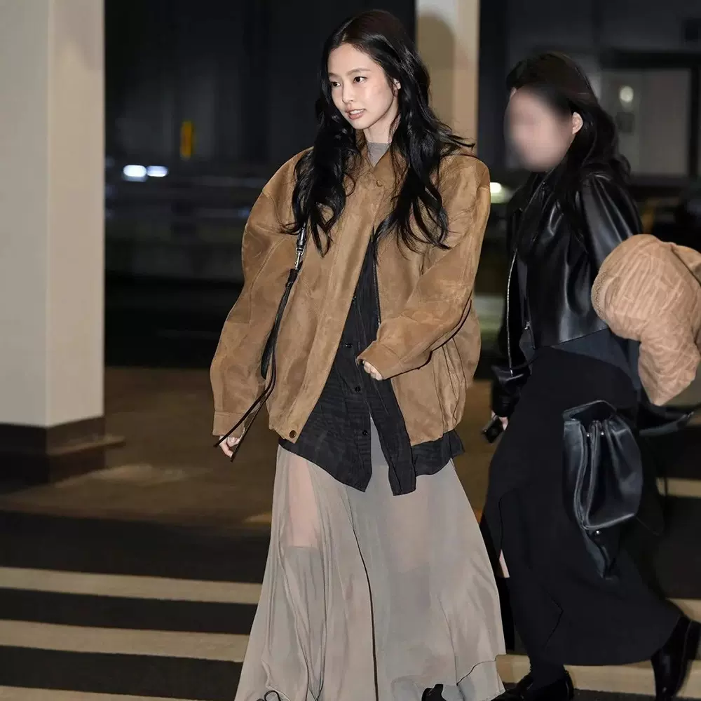 现H jennie同款麂皮绒绒面飞行员夹克2025秋季女宽松复古酷飒外套