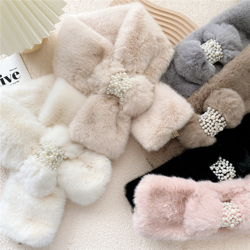New scarf for women in autumn and winter, Korean version, versatile and warm, Japanese imitation Rex rabbit fur, Internet celebrity plush cross scarf, trendy