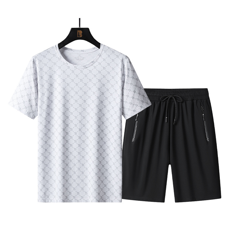 Nuevo traje de manga corta de seda de hielo para hombre Camiseta fresca de verano ropa de secado rápido cuello redondo traje de manga corta