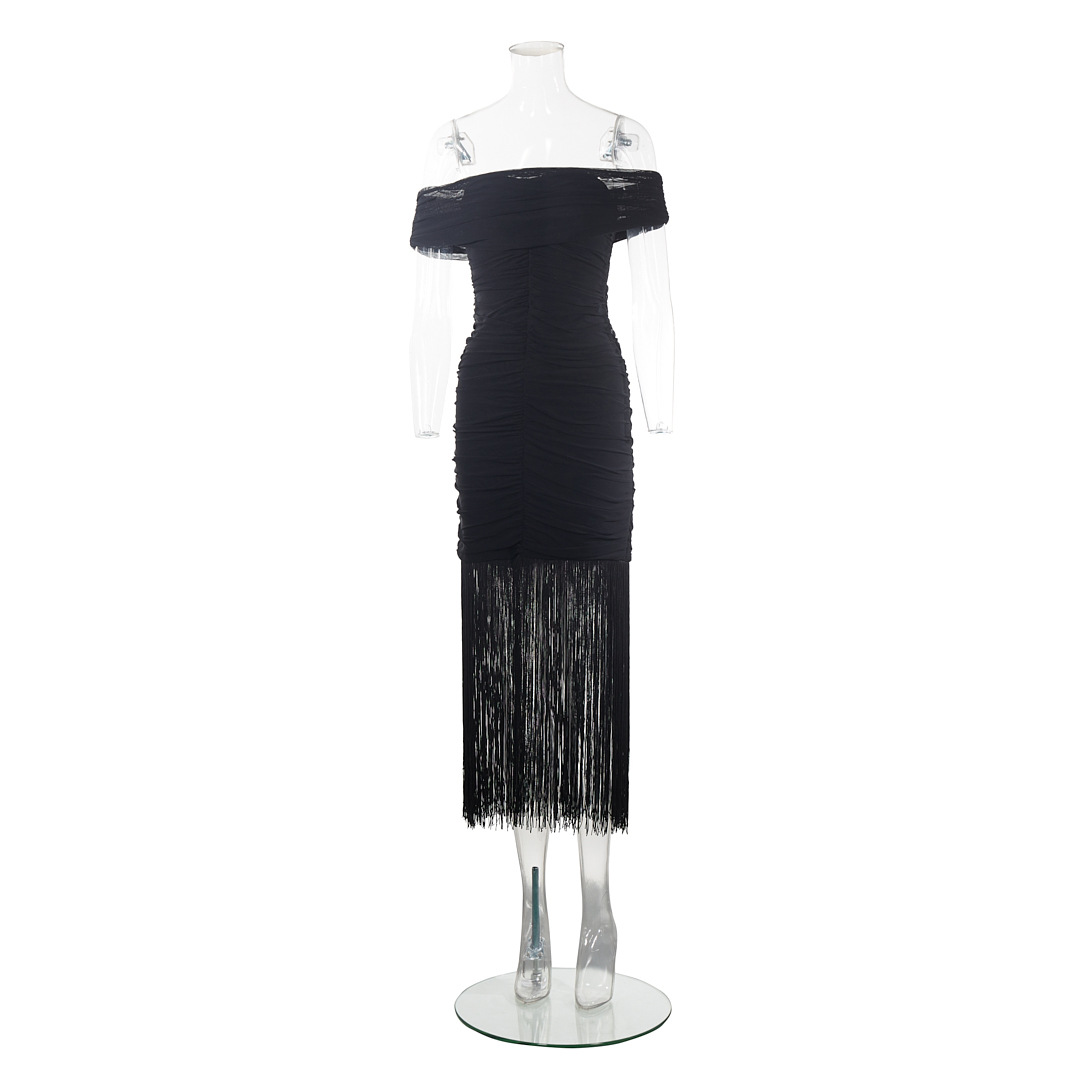 Sexy Party Black off Shoulder Tassel Sexy off Shoulder Dress