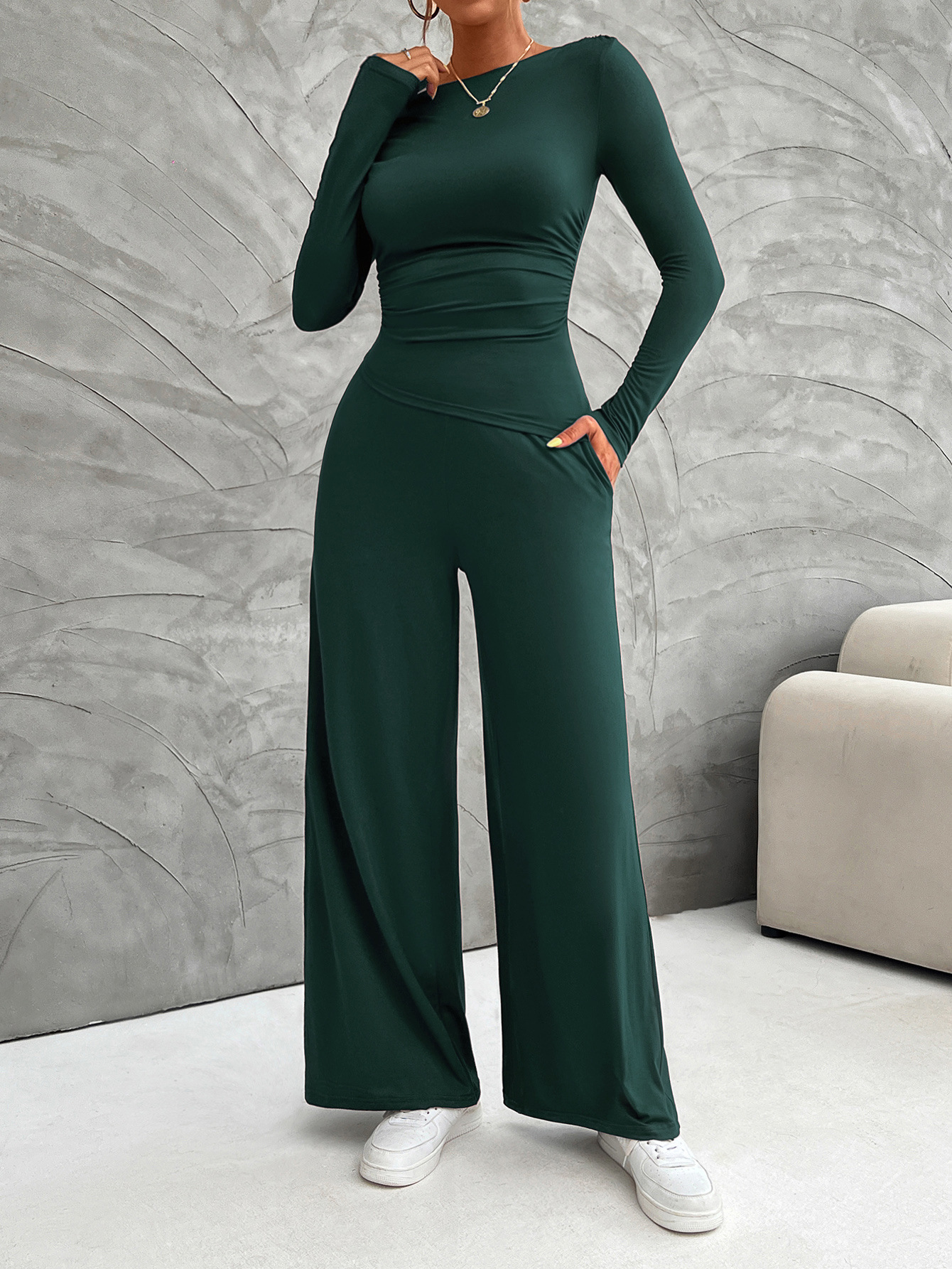Y2K Damen-Set – Schmales Langarm-Oberteil & Hose mit weitem Bein (S-XL, Schwarz/Dunkelgrau/Khaki/Weinrot/Dunkelgrün/Braun/Dunkelblau)_voghion.com
