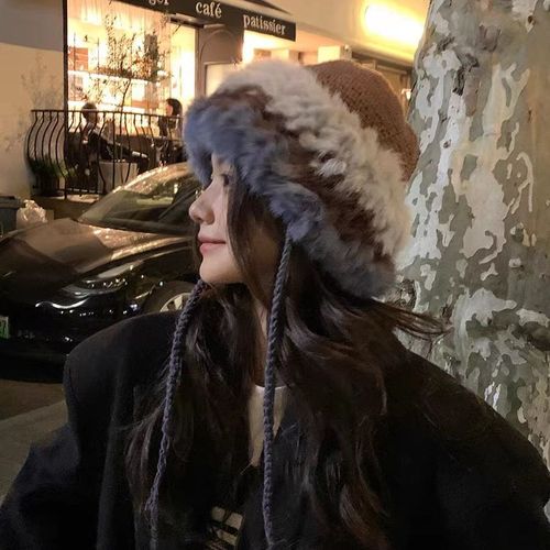 Rabbit fur knitted hat autumn and winter spliced ​​warm woolen hat Korean version of ins sweet and cute plush ear protection cap