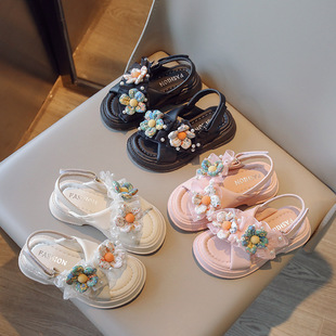 Girls' Sandals 2024 New Summer Children's Flower Beach Shoes Stychy Girls Princess Shoes Slippers Dual-Use Outer Wear
