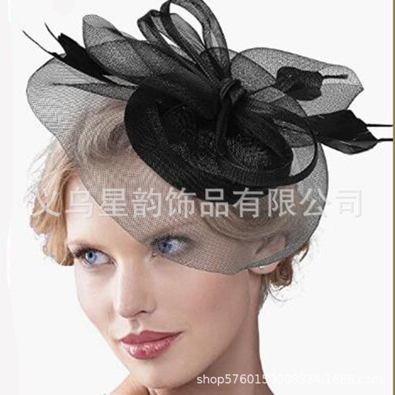 2023新款头饰网纱发箍小礼帽羽毛发饰帽子麻纱发夹百搭花朵蝴蝶结