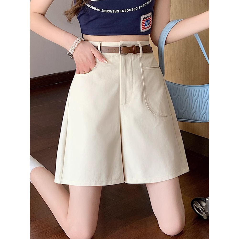 Quần short nữ cạp cao ống rộng dáng suông dài ngang đùi kiểu Hồng Kông — Màu đen