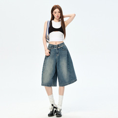 Shangya 3016 レトロブルーアメリカンレトロクォーターパンツミッドパンツショーツ男性と女性の夏のリラックスワイドレッグパンツ