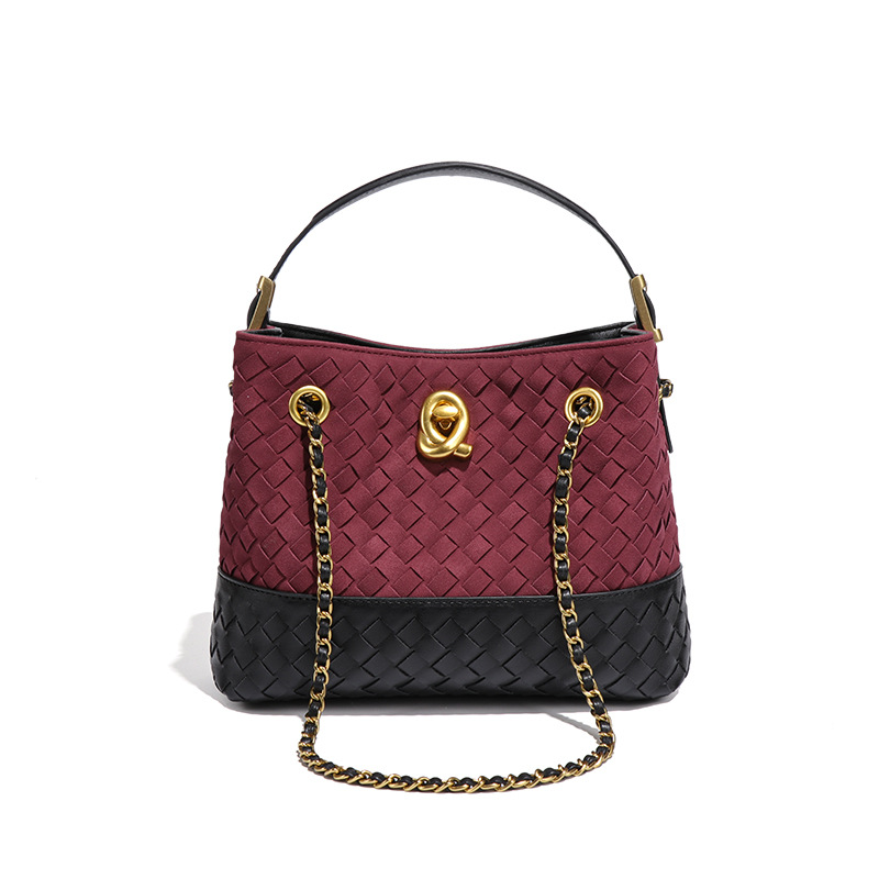 Retro Luxury Woven Bag Contrast Suede Tote Bag For Women 2025 New Bucket Bag Crossbody Chain Bag - Thumbnail 6