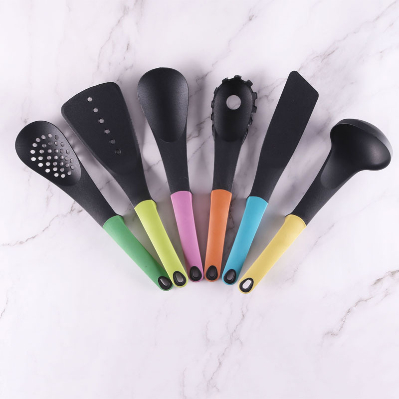 mango de plástico de goma resistente a altas temperaturas, conjunto de utensilios de cocina de nylon, 6 piezas de mango de plástico de goma con marco para colgar una olla antiadherente
