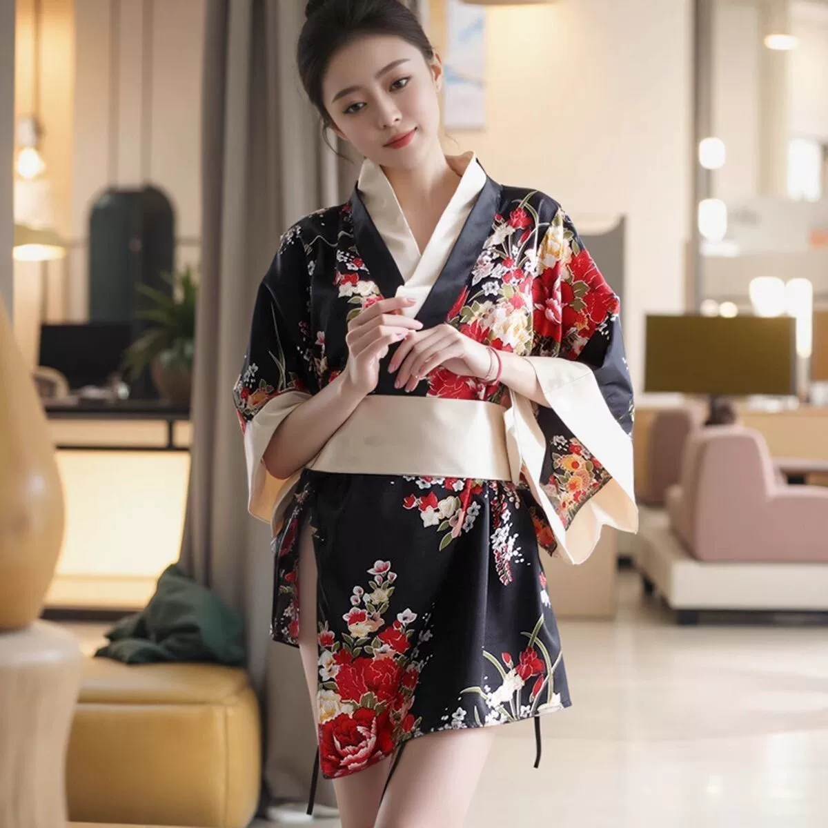Ночная рубашка-кимоно в японском стиле, черное женское платье для сна, соблазнительное шелковистое платье с глубоким V-образным вырезом на талии, летняя винтажная ночная рубашка