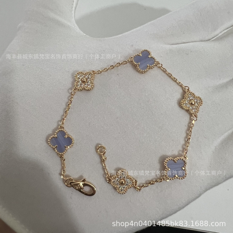 高版本迷你小号瘦花四叶草手链mini六花天然红玉髓黑玛瑙厚金电镀|undefined
