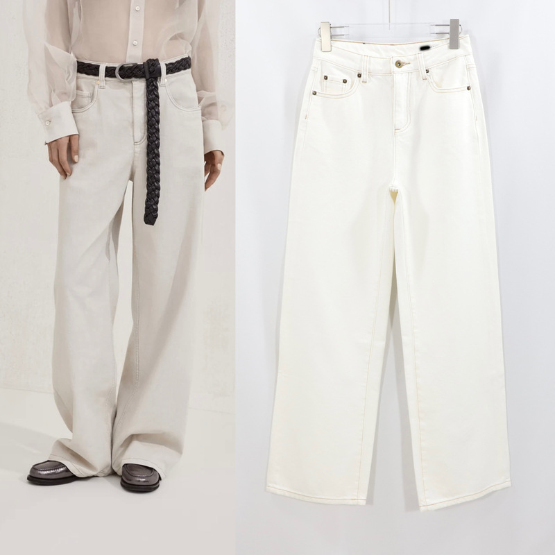 Bc Straight-Leg Jeans for Women, White High-Waisted, Simple Design with Visible Stitching, Embellished with Beads and Embroidery, Loose Wide-Leg Pants, Early Spring 2026 Model Bc Straight-Leg Jeans for Women, White High-Waisted, Simple Design with Visible Stitching, Embellished with Beads and Embroidery, Loose Wide-Leg Pants, Early Spring 2026 Model