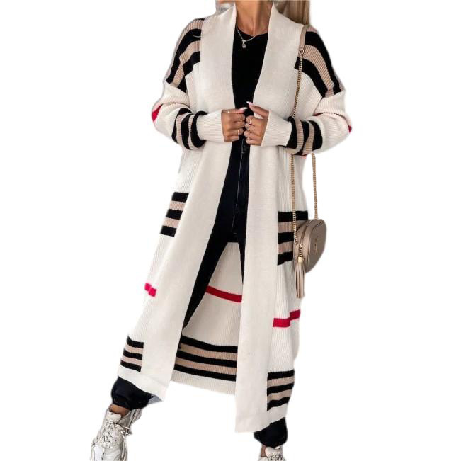 Cross-Border European and American Clothing Sweaters Long Striped Sweaters Amazon Large Version Loose Cardigan Contrasting Color Knitted Jacket