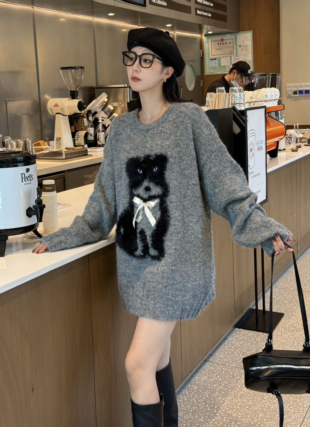 24 invierno Puyuan 2024 nuevo gatito lindo Jacquard peluche suéter de manga larga mujer otoño invierno
