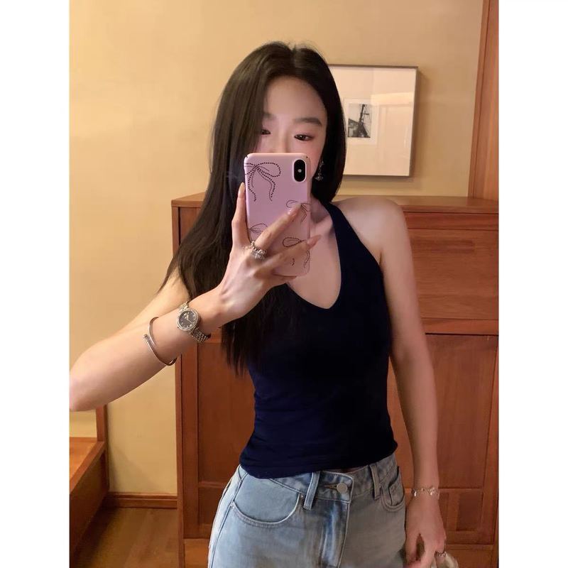 2703秋冬磨毛挂脖工字背心带胸垫修身美背 热辣美式百搭吊带上衣|undefined