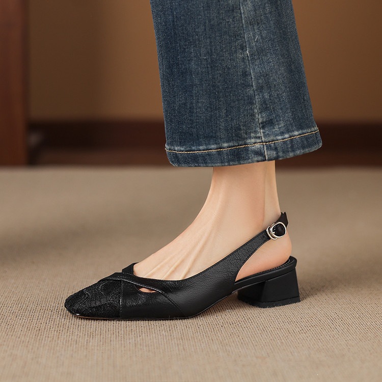 Sandal cao gót nữ hở mũi da cừu lưới phối màu quai ngang khóa — màu đen, màu trắng ngà chi tiết 54