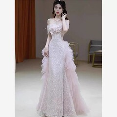 乾杯用ドレス 花嫁 ワンショルダー 2025年新作 婚約式ドレス 女性用 高級感 軽やかなラグジュアリー ニッチなイブニングドレス 超美しい