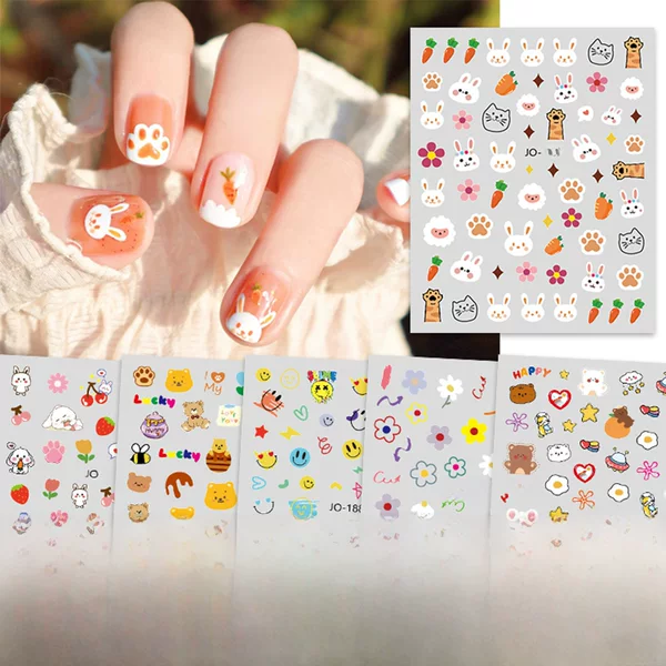 Explosions Cute Bear Nail Art Sticker Little Rabbit Carrot Colorful Flower Pink Tulip Sweet Nail Sticker