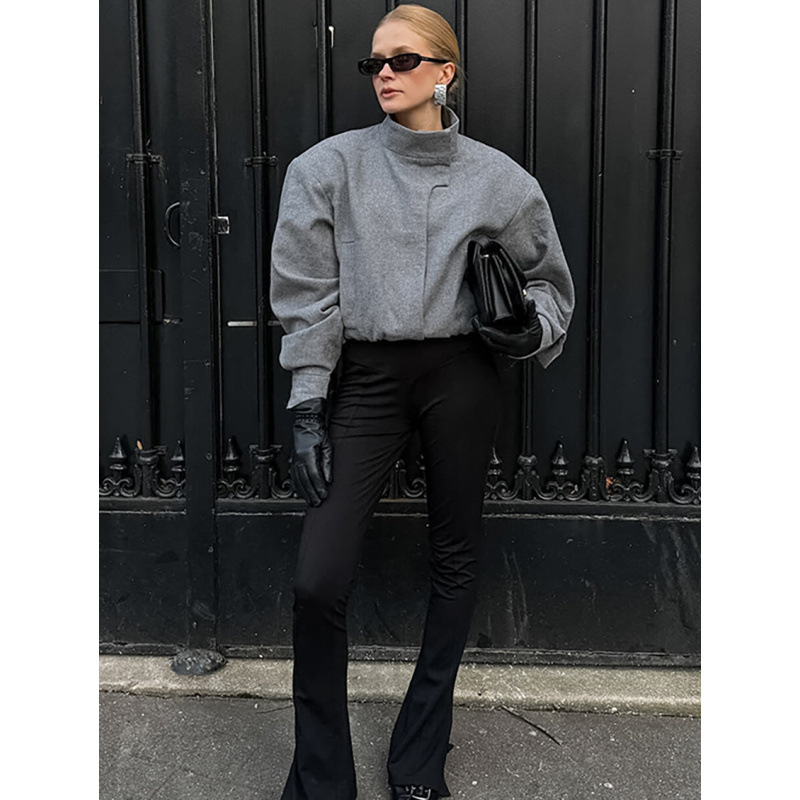 This Stylish Grey Short Coat With A Small Stand-Up Collar Made Of Distinctive Woolen Fabric Is A Versatile And Unique Ch_ecoleips.com