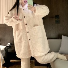 韩国ins女士冬季新款加绒加厚宽松羊羔绒中长款连帽家居服套装女