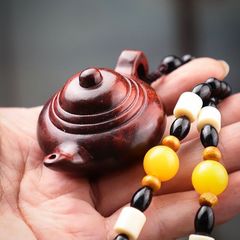 Zitan Wood Carved Teapot Handle, Hand-Painted Wooden Small Teapot Car Mirror Rearview Mirror Pendant for Wearing and Handling