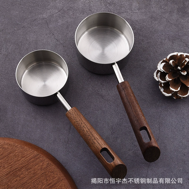 Slant handle walnut short flat bottom measuring cup series baking tools 304 stainless steel wooden handle measuring spoon