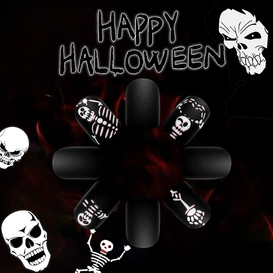 Short Halloween Frosted Wear Nail Art Thriller Funny Skull Man Dark Nail Art 2024 New ins24_voghion.com
