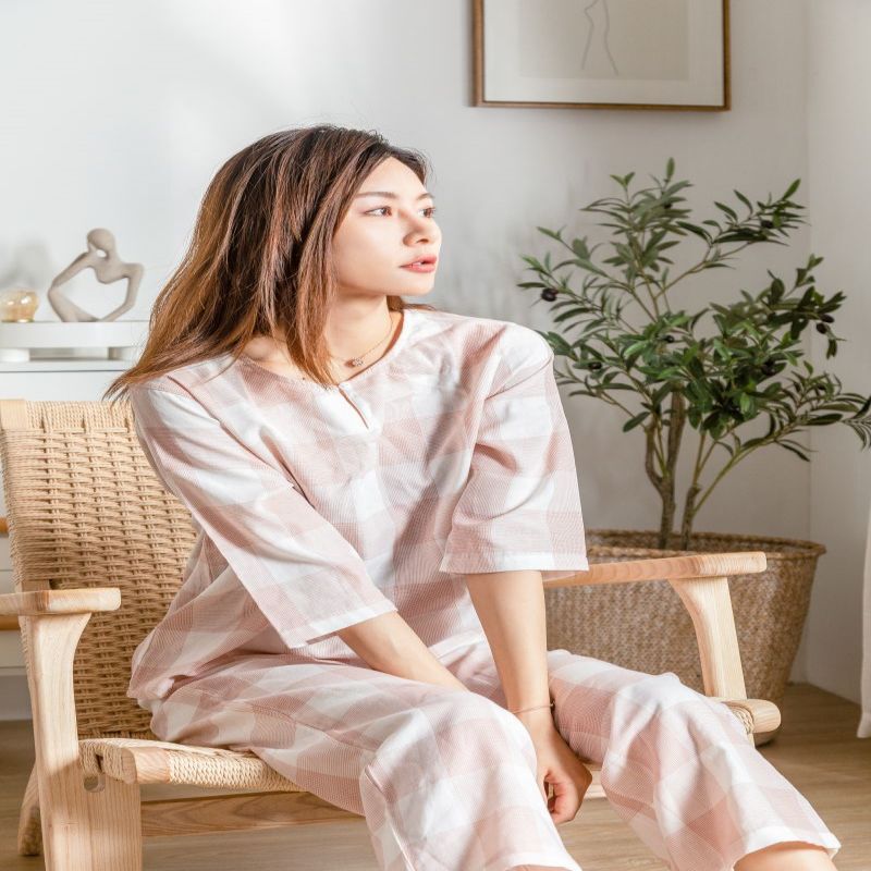 Simple double-layer gauze three-quarter sleeve home wear spring and summer cotton yarn-dyed women's collarless pullover home wear thin