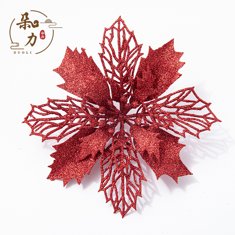 Christmas decoration 16cm glitter hollow Christmas flower simulation glitter powder Christmas flower ornaments shooting props