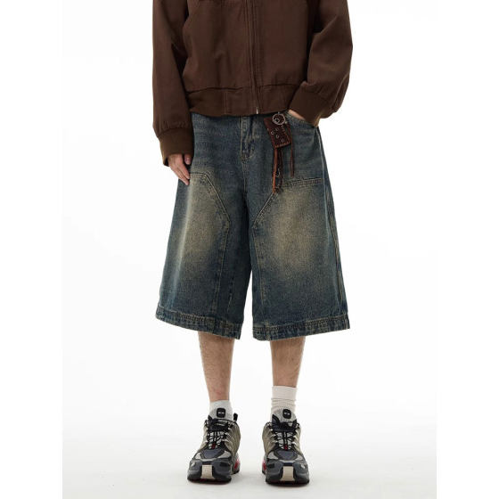 American High-end Denim Shorts Men's Retro Pants European and American Logging Wide-leg Shorts Six-legged Pants Couple's Summer