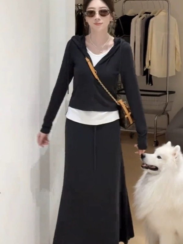 早秋减龄一整套穿搭女新款韩版假两件帽衫恤高腰半身裙套装|undefined