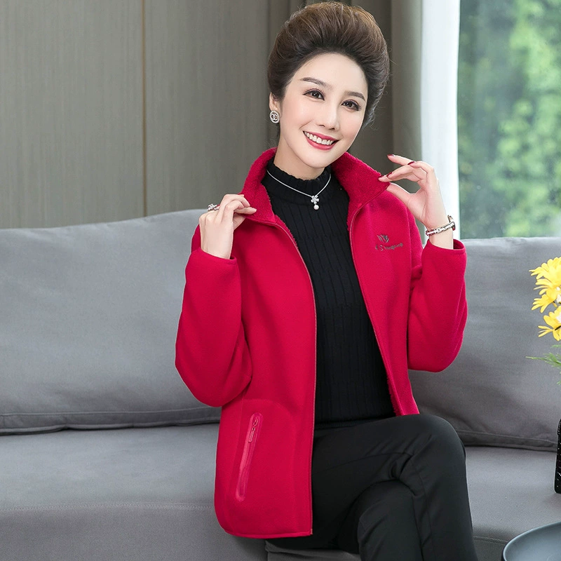 Новый флисовый свитер для матери среднего возраста, зимнее теплое пальто с длинными рукавами на флисовой подкладке для женщин среднего возраста, утолщенное с воротником-стойкой