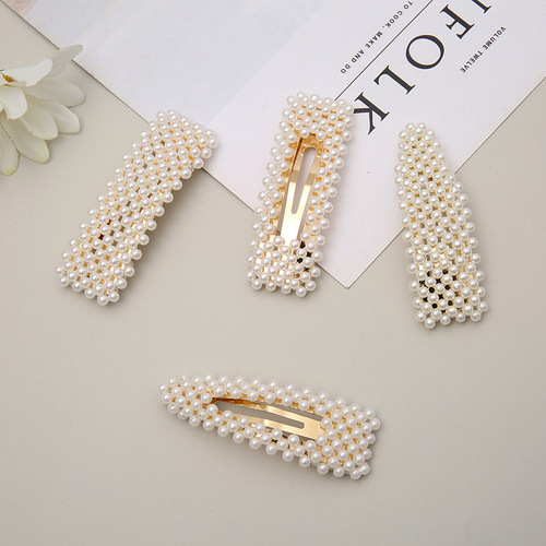 Korean version of Internet celebrity hand-woven pearl bb clip flower hair clip simple hair clip women's bangs clip one-word clip
