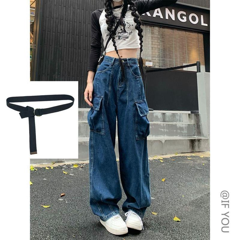 港风复古大口袋工装牛仔裤女秋秋季潮牌直筒宽松百搭垂感阔腿长裤|undefined