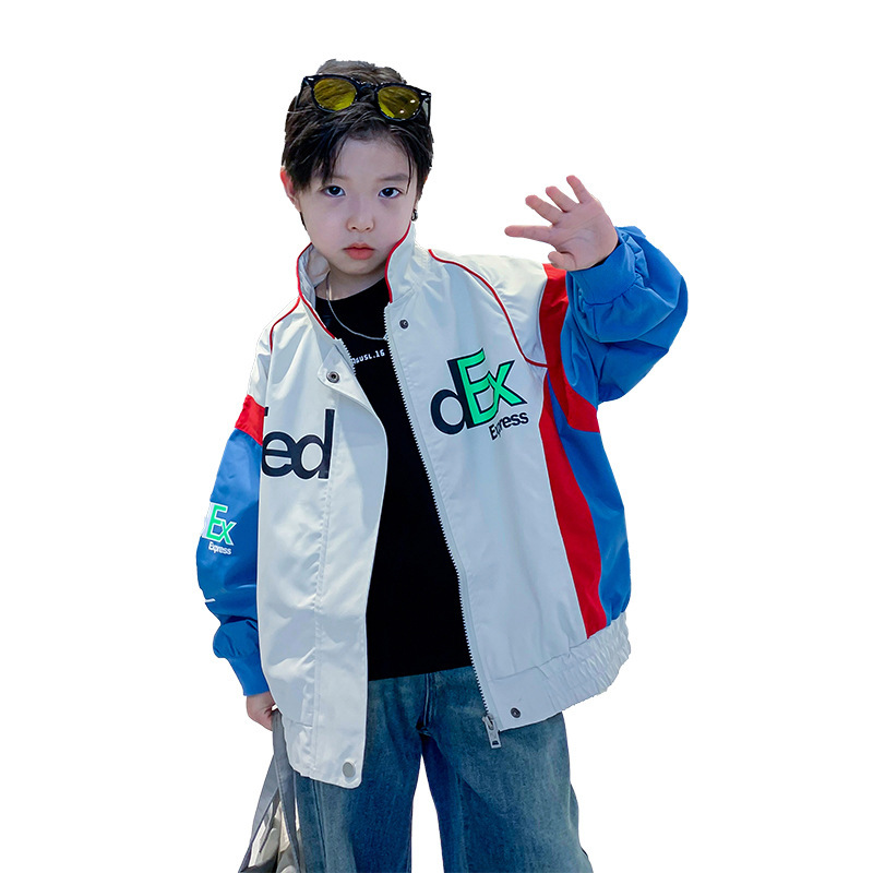 (2개) 소년의 가을 2024 새로운 컬러 블록 오토바이 재킷 스포츠 재킷 큰 어린이 소박한 의류 브랜드 트렌디
