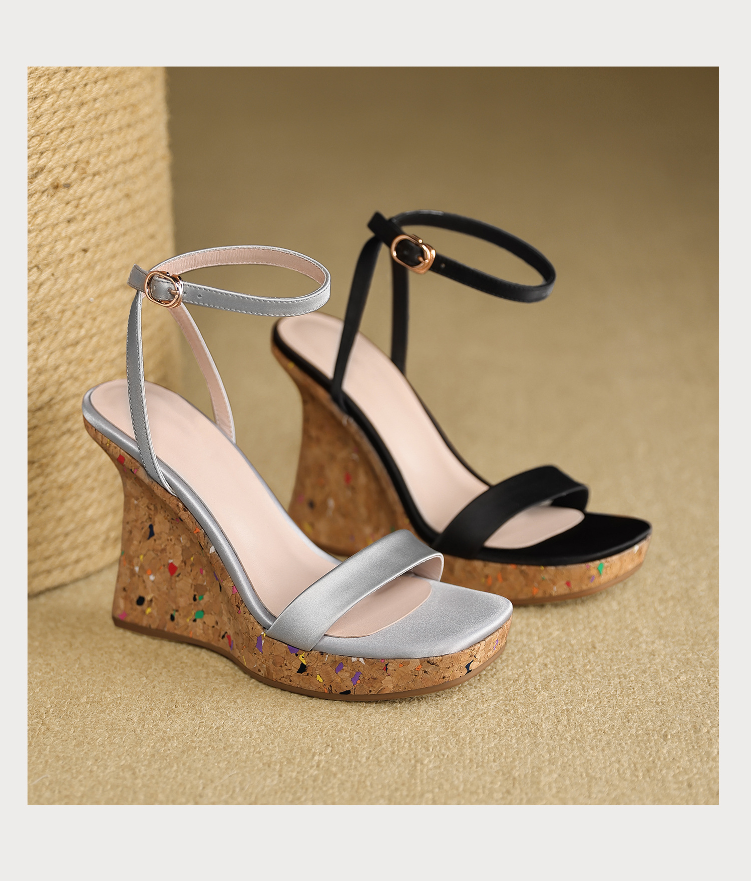 Sandal cao gót nữ quai ngang hở mũi đế xuồng gót 9 cm — màu đen, bạc chi tiết 19