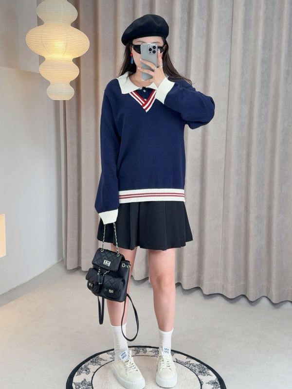 爱元2025秋季新款大码胖mm女装学院风衬衫领假两件毛衣F602|undefined