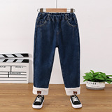 Милые флисовые зимние джинсы с начесом, штаны, популярно в интернете, с медвежатами, детская одежда, в корейском стиле, в западном стиле