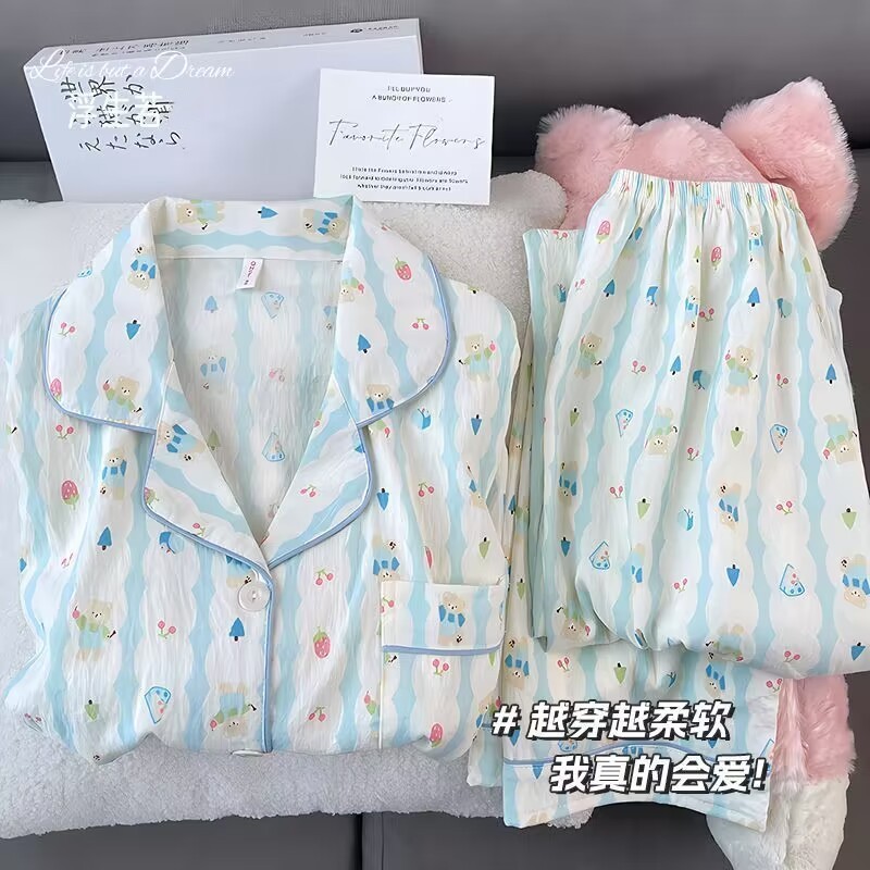 新しい甘い漫画学生大きいサイズホーム服セット 2025 インターネット有名人の純粋な綿のパジャマ女性の長袖ズボンカーディガン|undefined
