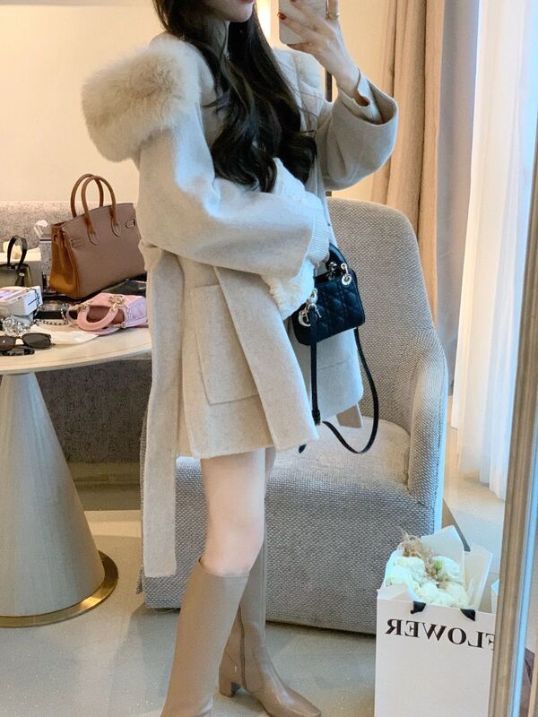 法式赫本风中长款毛呢外套女秋冬小个子连帽减龄双面呢子夹棉大衣|undefined