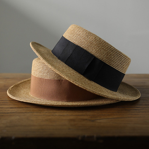 Japanese-style straw hat, summer women's simple ribbon flat top hat with large brim, sun protection UV travel hat, woven sunshade hat