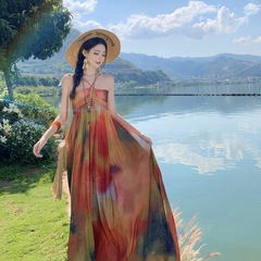 气质晕染吊带连衣裙女波西米亚风三亚沙滩裙马尔代夫海边度假长裙