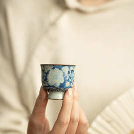 仿宋汝窑元青花茶杯主人杯客杯陶瓷茶具高脚杯开片可养牡丹品茗杯