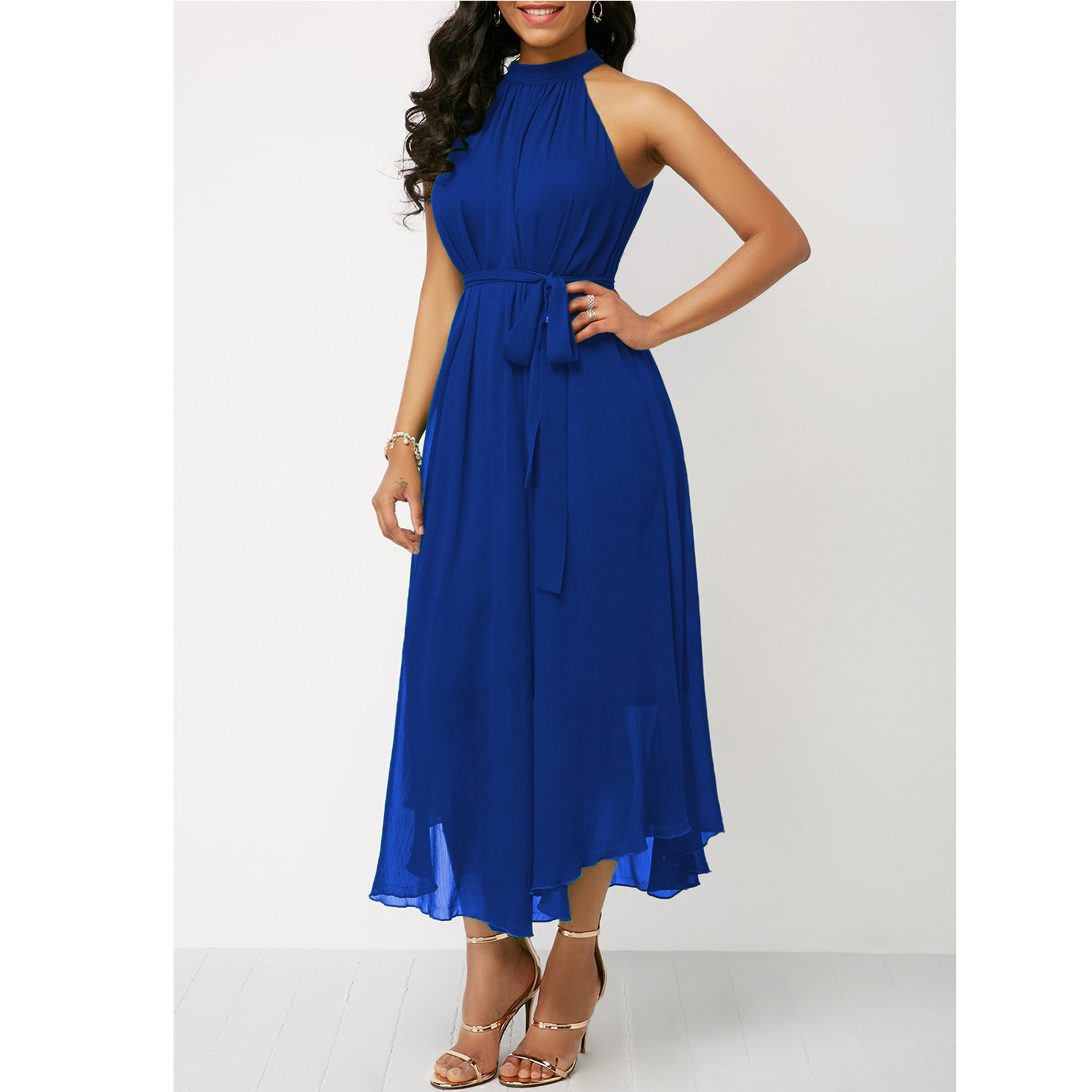European and American spring and summer halterneck off-shoulder chiffon pleated dress plus size brand women's clothing cross-border supply_senzul.com
